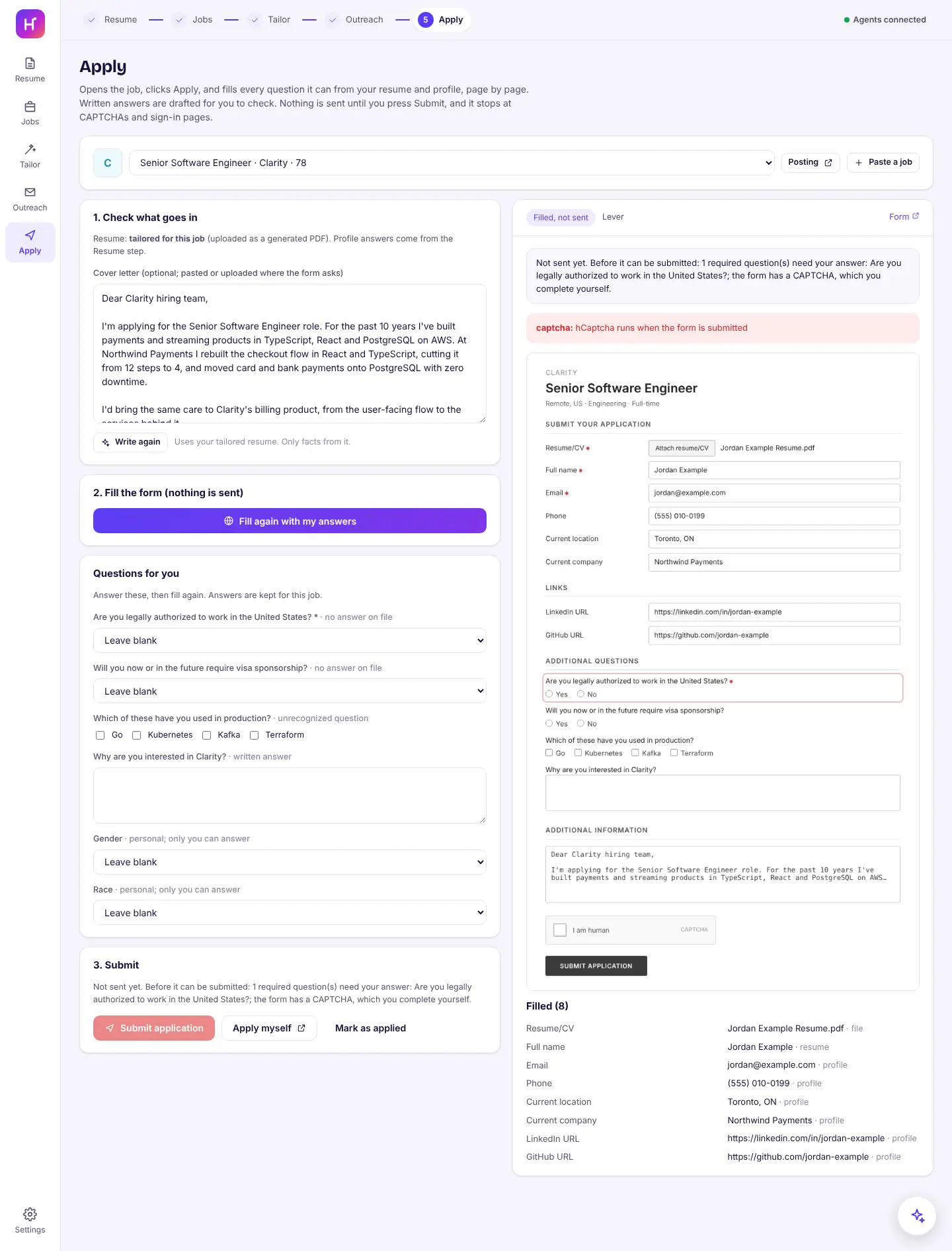 The apply step: a filled application shown as a screenshot, with the questions left for the user and a Submit button