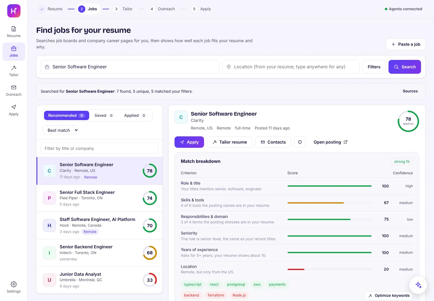 The free AI job search agent's jobs page, showing ranked jobs with match scores and a per-criterion breakdown